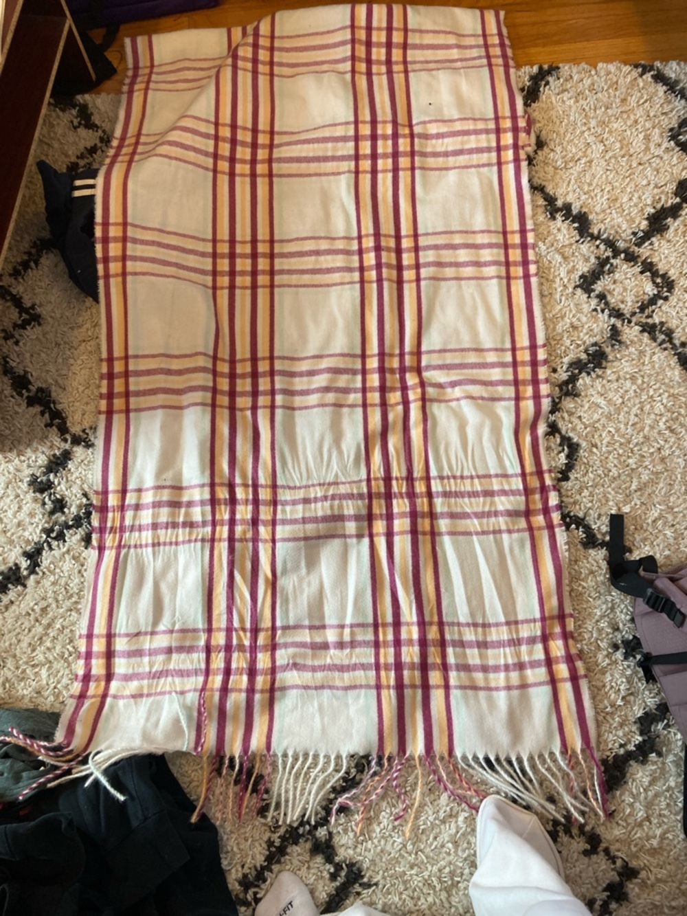 Steve Madden Cream Plaid Scarf with Pink & Purple Stripes